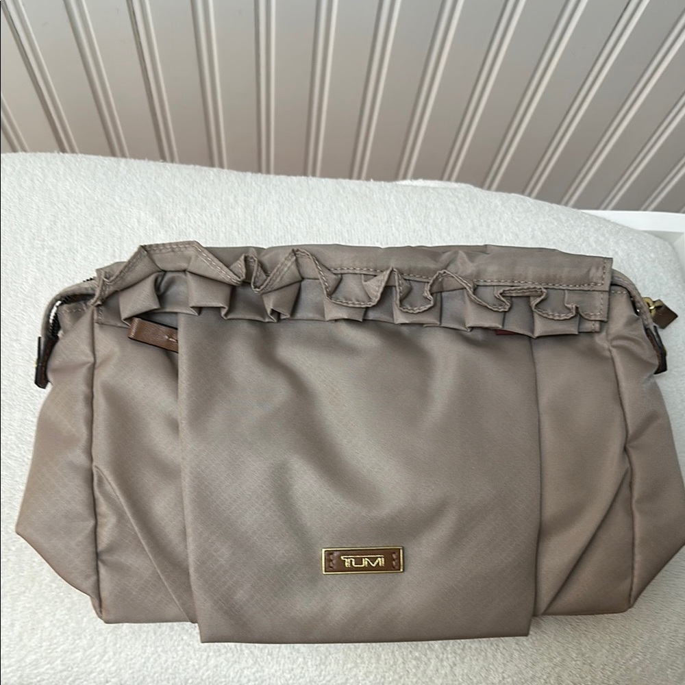Tumi Enna Large ruffled Travel Pouch Taupe Cosmetics Bag